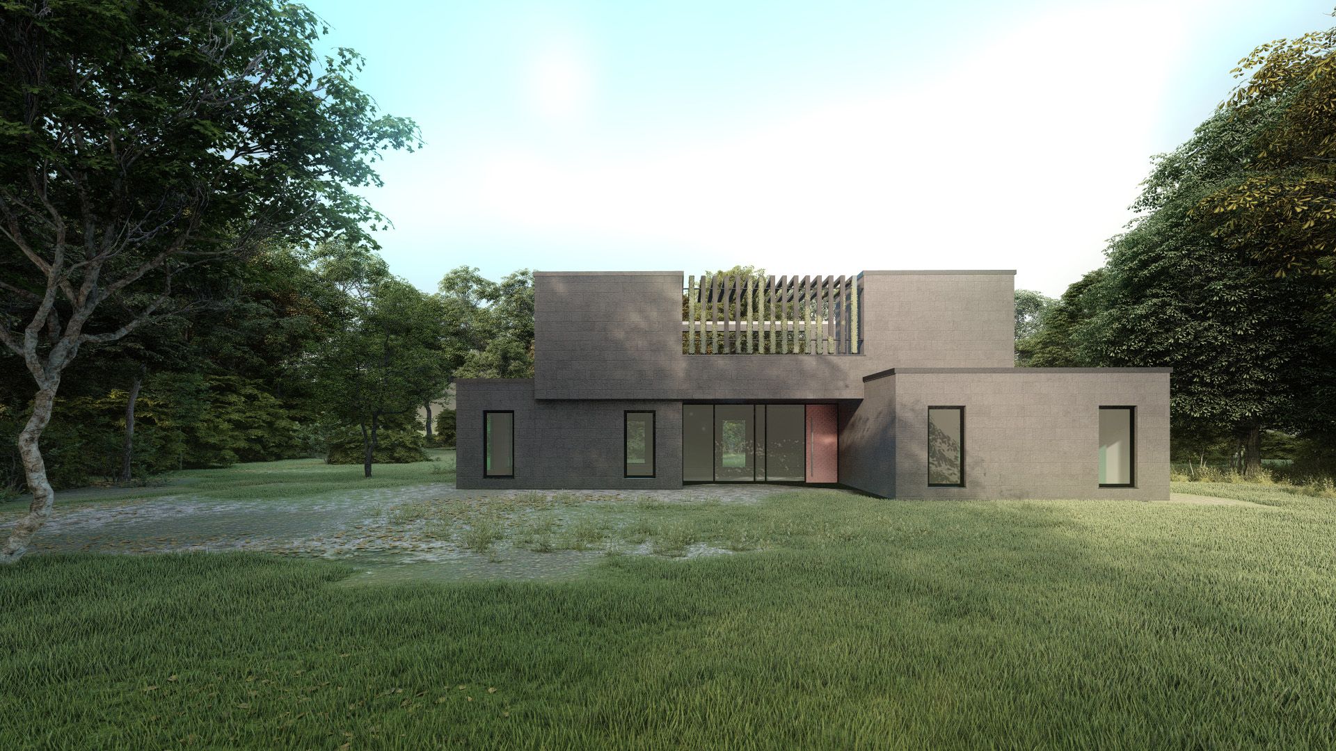 Moderne Architektur eines kubischen Hauses mit Holzlattenstruktur auf dem Dach in grüner Umgebung