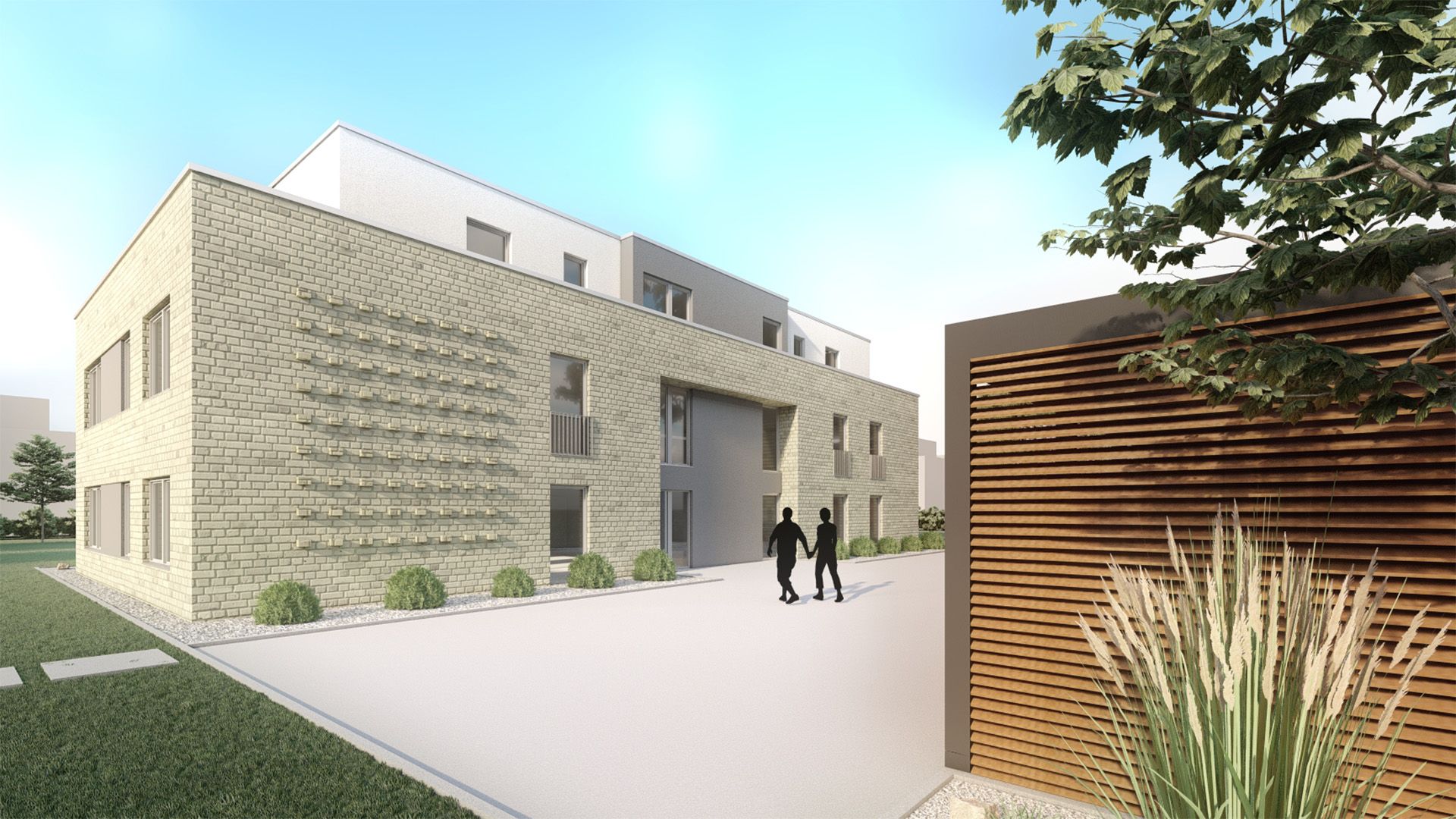 Architekturvisualisierung eines modernen Wohngebäudes mit heller Ziegelfassade, klarer Kubatur und gestalteter Außenanlage