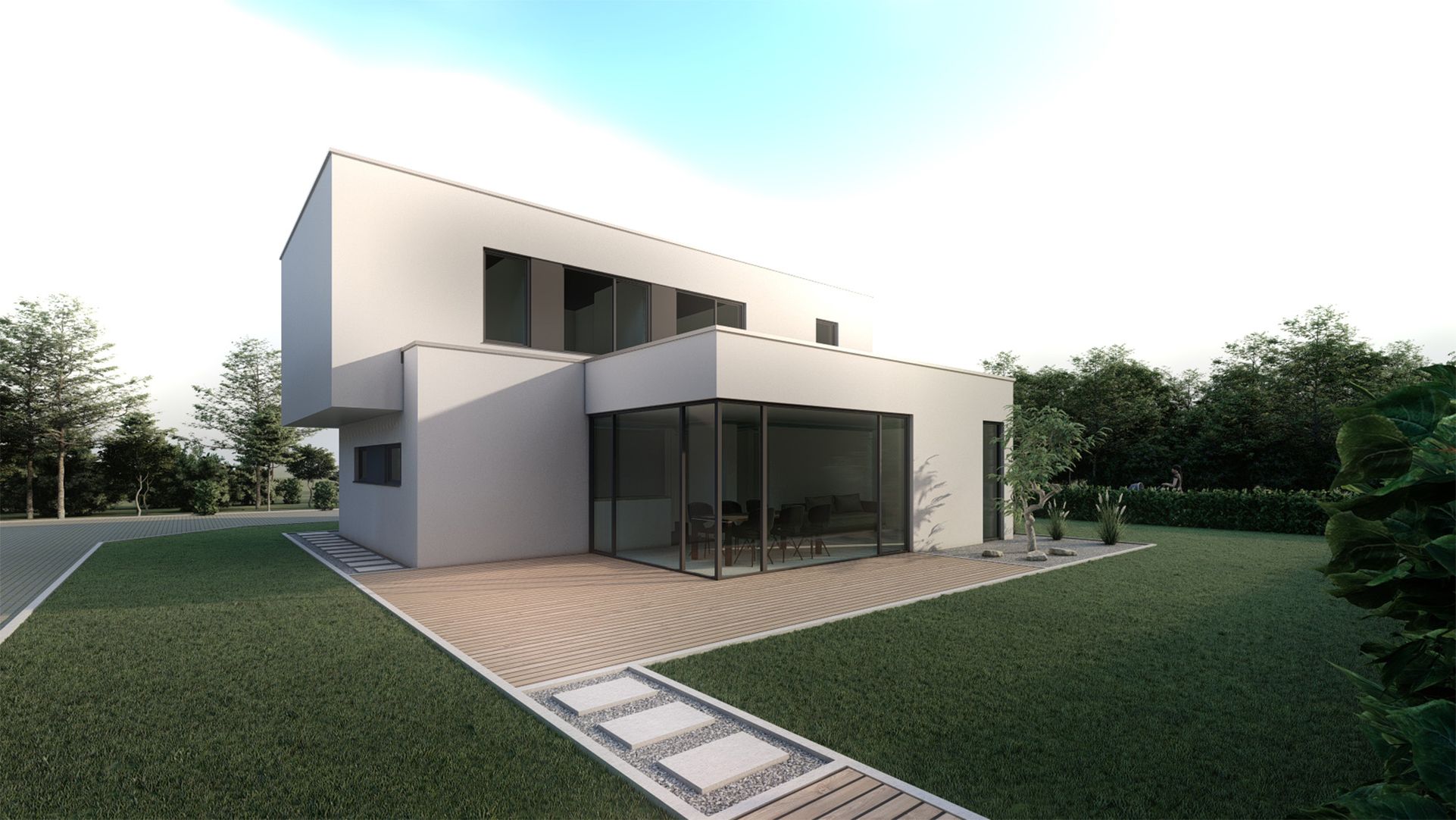 Moderne Architekturvisualisierung eines Einfamilienhauses mit Flachdach, bodentiefen Glasflächen und Holzterrasse im Garten